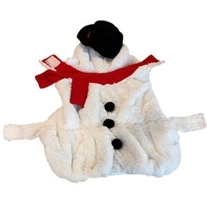 Snowman Dog Costume with Red Scarf and Hat attached to Hood